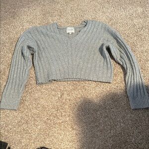 Gray V-Neck Ribbed Sweater